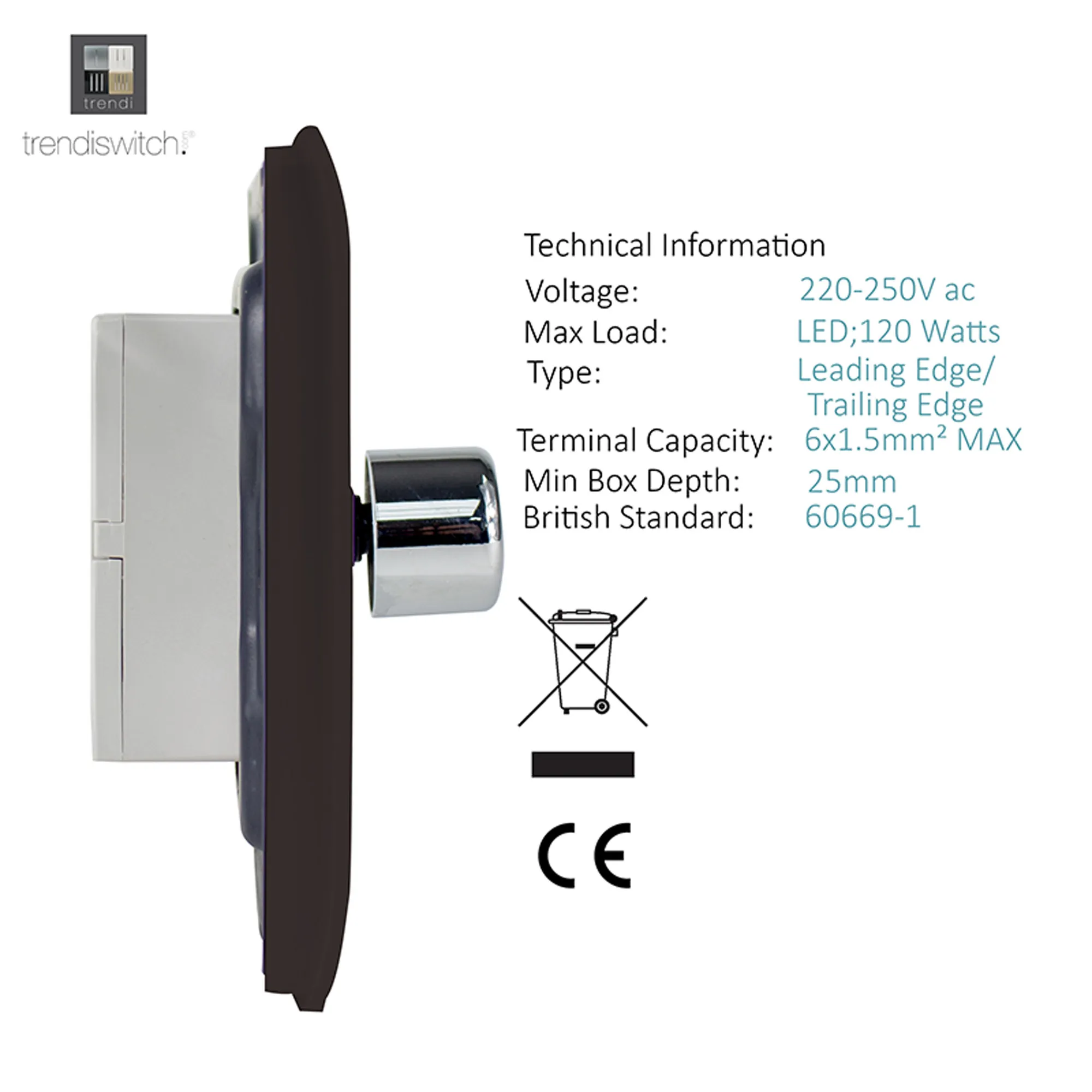 1 Gang 1 Way LED Dimmer Switch Dark Brown ART-LDMDB  Trendi Dark Brown